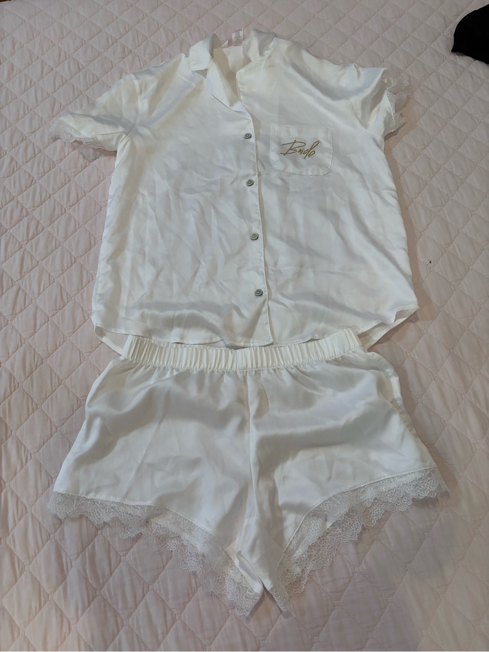 Victoria's Secret White Satin Lace Trim Short Pajama Set